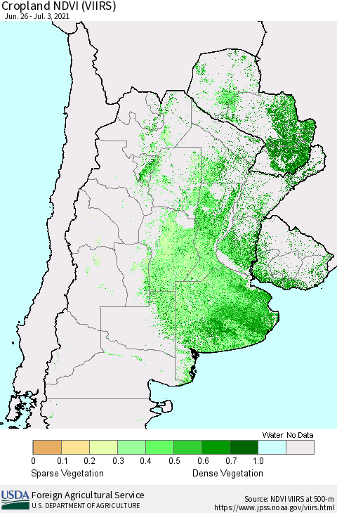 Southern South America Cropland NDVI (VIIRS) Thematic Map For 7/1/2021 - 7/10/2021