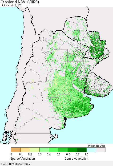 Southern South America Cropland NDVI (VIIRS) Thematic Map For 7/4/2021 - 7/11/2021