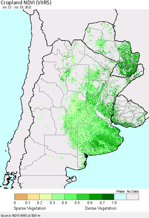 Southern South America Cropland NDVI (VIIRS) Thematic Map For 7/12/2021 - 7/19/2021