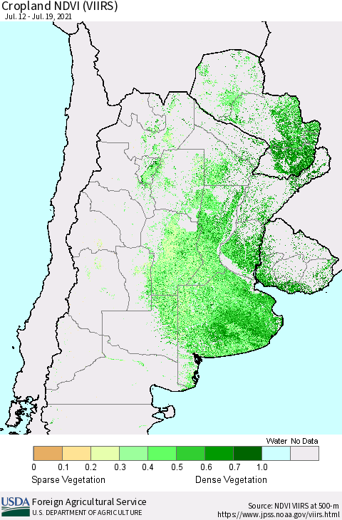 Southern South America Cropland NDVI (VIIRS) Thematic Map For 7/11/2021 - 7/20/2021