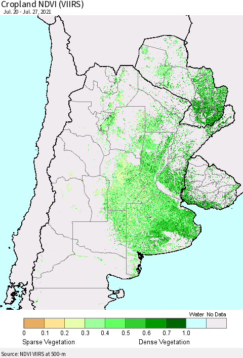 Southern South America Cropland NDVI (VIIRS) Thematic Map For 7/20/2021 - 7/27/2021