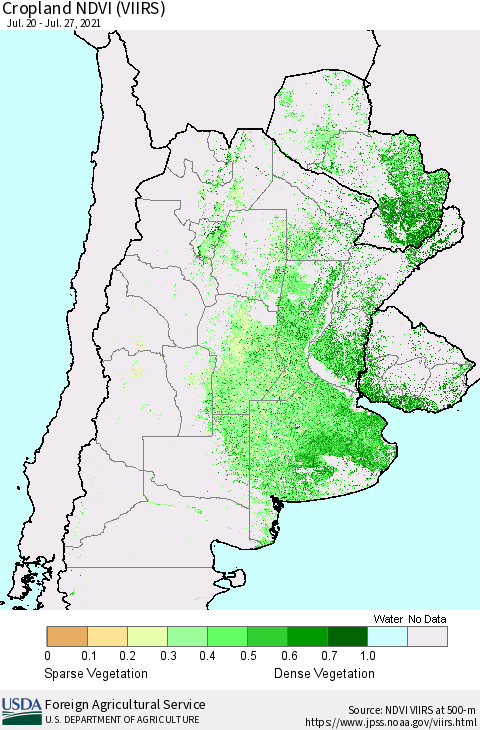 Southern South America Cropland NDVI (VIIRS) Thematic Map For 7/21/2021 - 7/31/2021