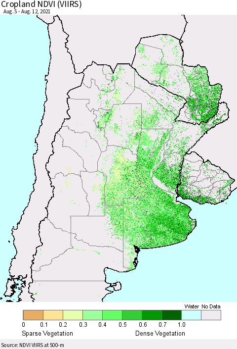 Southern South America Cropland NDVI (VIIRS) Thematic Map For 8/5/2021 - 8/12/2021