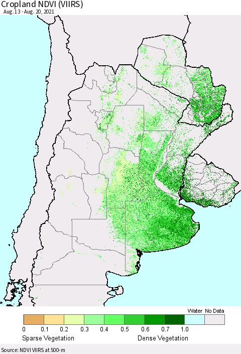 Southern South America Cropland NDVI (VIIRS) Thematic Map For 8/11/2021 - 8/20/2021