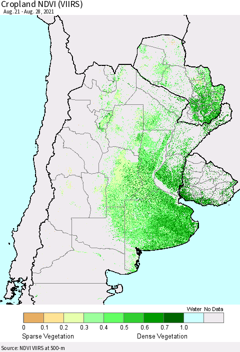 Southern South America Cropland NDVI (VIIRS) Thematic Map For 8/21/2021 - 8/28/2021