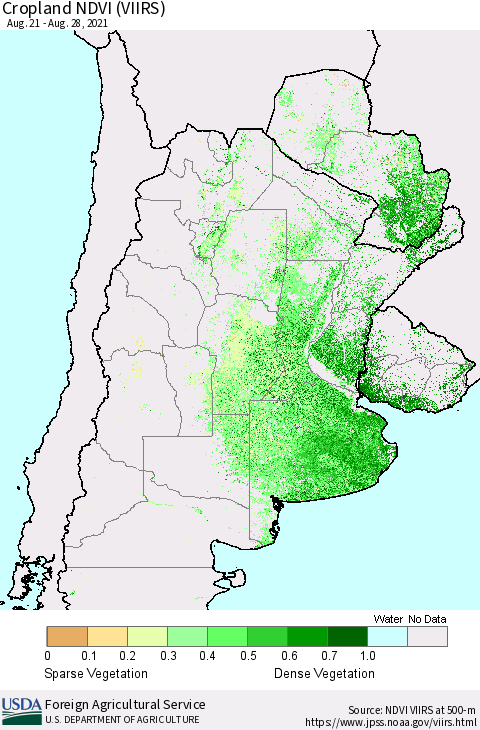 Southern South America Cropland NDVI (VIIRS) Thematic Map For 8/21/2021 - 8/31/2021