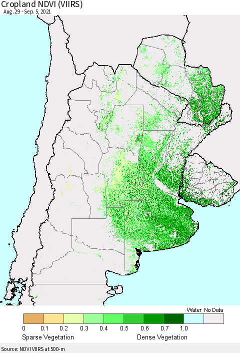 Southern South America Cropland NDVI (VIIRS) Thematic Map For 8/29/2021 - 9/5/2021