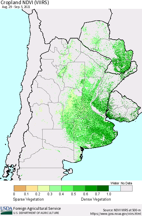 Southern South America Cropland NDVI (VIIRS) Thematic Map For 9/1/2021 - 9/10/2021