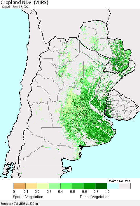 Southern South America Cropland NDVI (VIIRS) Thematic Map For 9/6/2021 - 9/13/2021