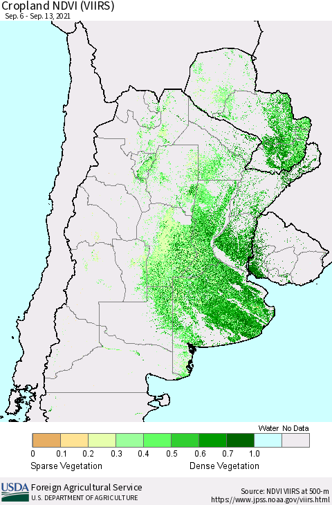 Southern South America Cropland NDVI (VIIRS) Thematic Map For 9/11/2021 - 9/20/2021