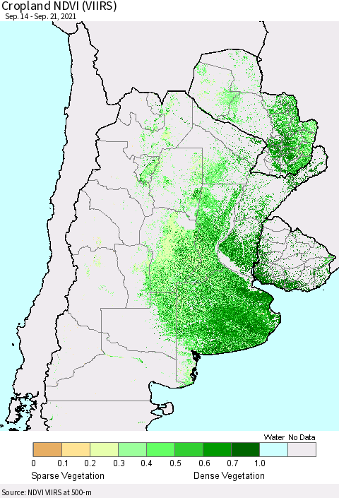 Southern South America Cropland NDVI (VIIRS) Thematic Map For 9/14/2021 - 9/21/2021