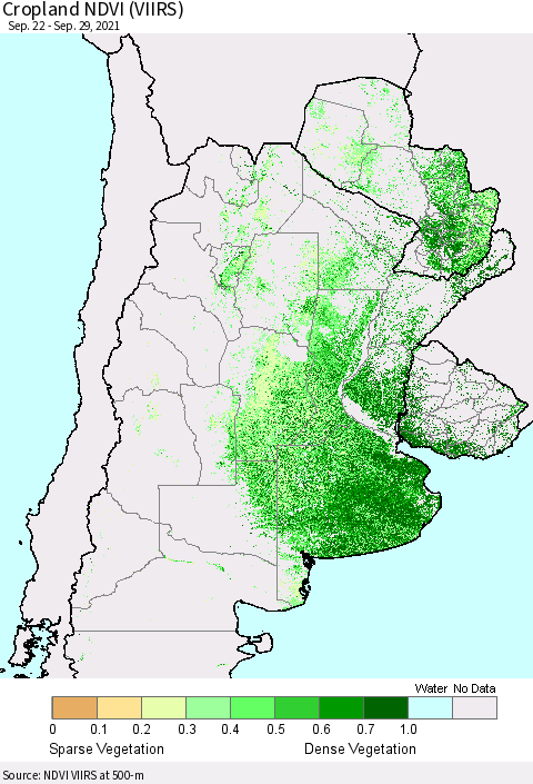 Southern South America Cropland NDVI (VIIRS) Thematic Map For 9/22/2021 - 9/29/2021
