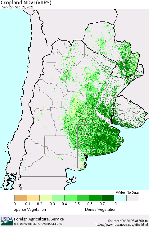 Southern South America Cropland NDVI (VIIRS) Thematic Map For 9/21/2021 - 9/30/2021