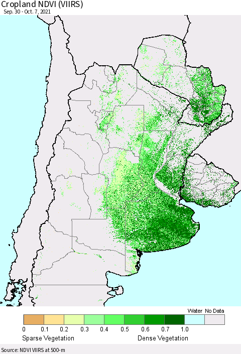 Southern South America Cropland NDVI (VIIRS) Thematic Map For 9/30/2021 - 10/7/2021