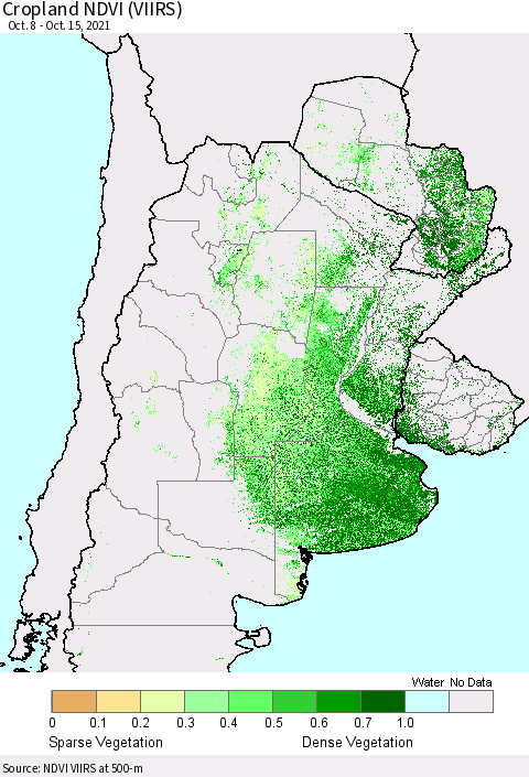 Southern South America Cropland NDVI (VIIRS) Thematic Map For 10/8/2021 - 10/15/2021