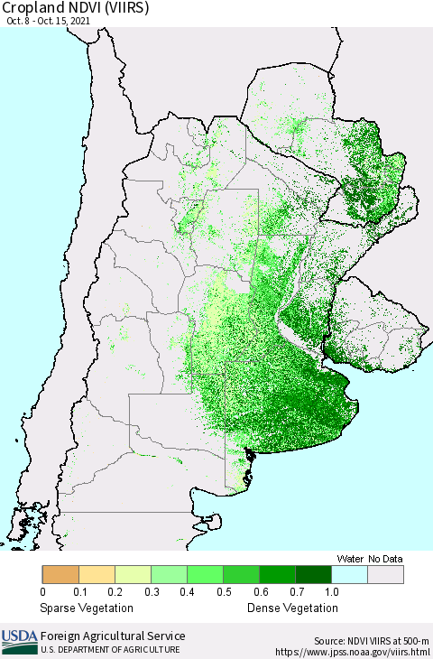 Southern South America Cropland NDVI (VIIRS) Thematic Map For 10/11/2021 - 10/20/2021