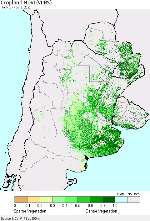 Southern South America Cropland NDVI (VIIRS) Thematic Map For 11/1/2021 - 11/8/2021