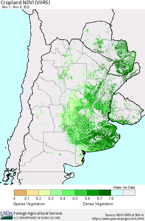 Southern South America Cropland NDVI (VIIRS) Thematic Map For 11/1/2021 - 11/10/2021