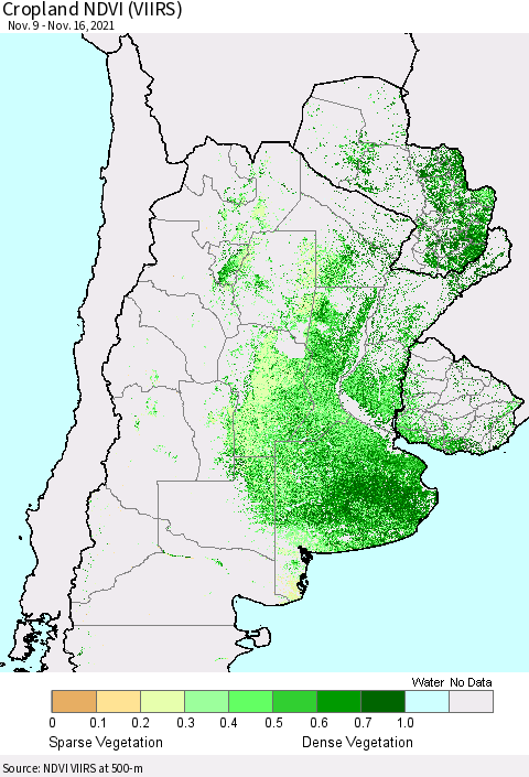 Southern South America Cropland NDVI (VIIRS) Thematic Map For 11/9/2021 - 11/16/2021