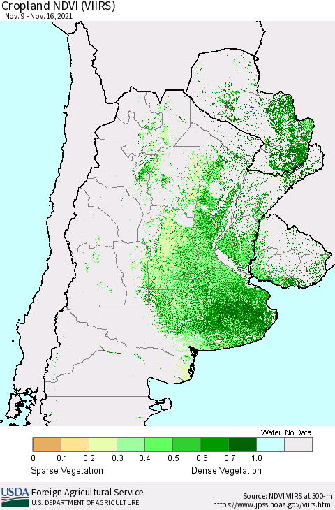 Southern South America Cropland NDVI (VIIRS) Thematic Map For 11/11/2021 - 11/20/2021