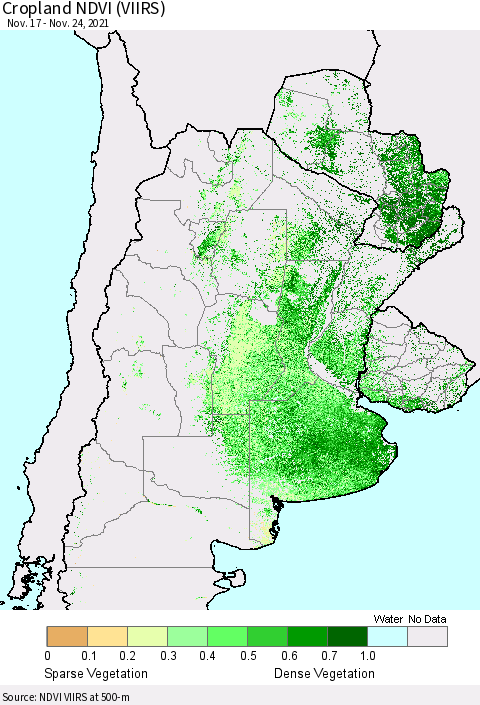 Southern South America Cropland NDVI (VIIRS) Thematic Map For 11/17/2021 - 11/24/2021