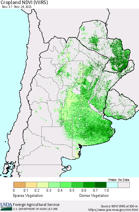 Southern South America Cropland NDVI (VIIRS) Thematic Map For 11/21/2021 - 11/30/2021
