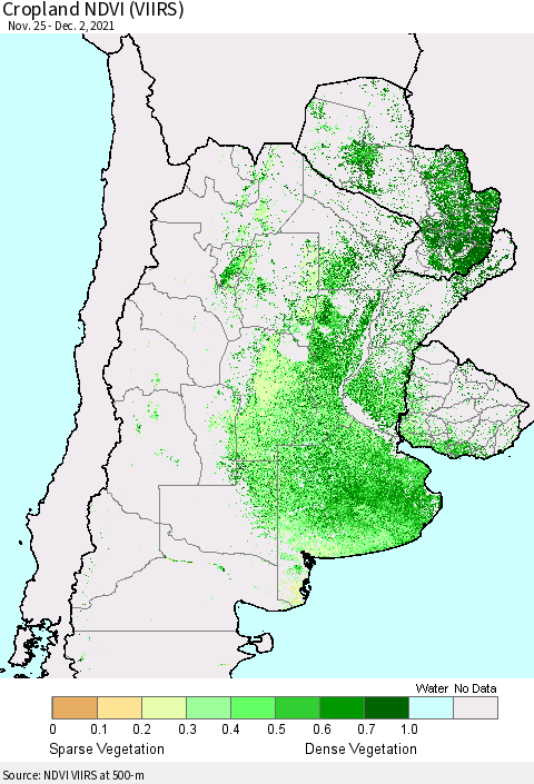 Southern South America Cropland NDVI (VIIRS) Thematic Map For 11/25/2021 - 12/2/2021