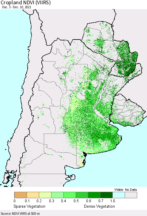 Southern South America Cropland NDVI (VIIRS) Thematic Map For 12/1/2021 - 12/10/2021