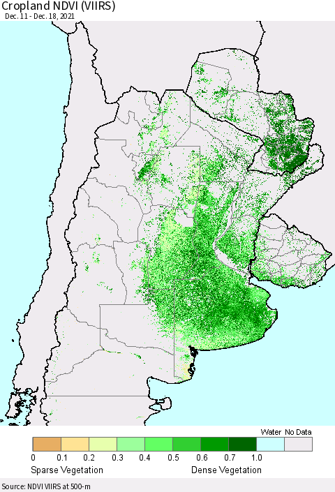 Southern South America Cropland NDVI (VIIRS) Thematic Map For 12/11/2021 - 12/18/2021