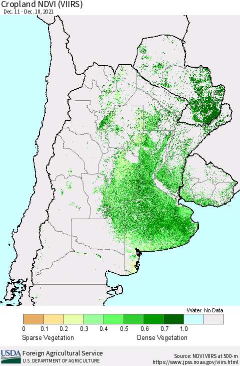 Southern South America Cropland NDVI (VIIRS) Thematic Map For 12/11/2021 - 12/20/2021