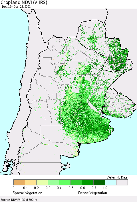 Southern South America Cropland NDVI (VIIRS) Thematic Map For 12/19/2021 - 12/26/2021