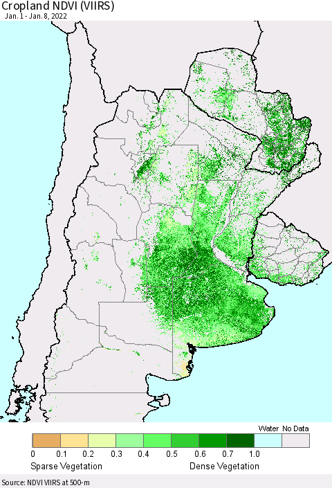 Southern South America Cropland NDVI (VIIRS) Thematic Map For 1/1/2022 - 1/8/2022