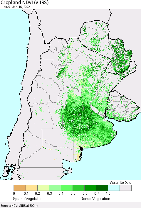Southern South America Cropland NDVI (VIIRS) Thematic Map For 1/9/2022 - 1/16/2022