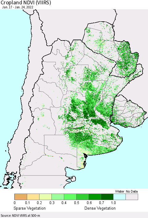 Southern South America Cropland NDVI (VIIRS) Thematic Map For 1/17/2022 - 1/24/2022