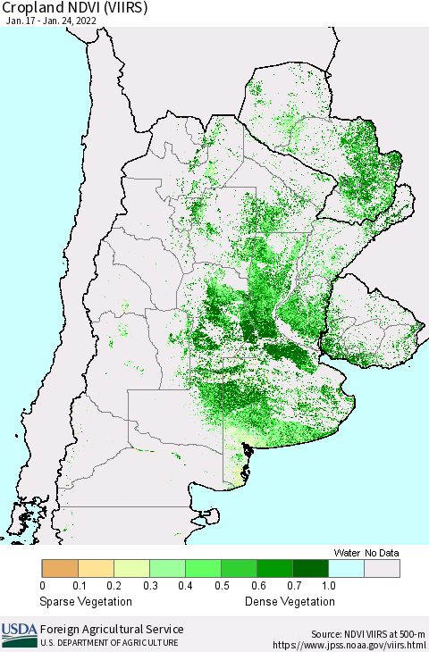 Southern South America Cropland NDVI (VIIRS) Thematic Map For 1/21/2022 - 1/31/2022