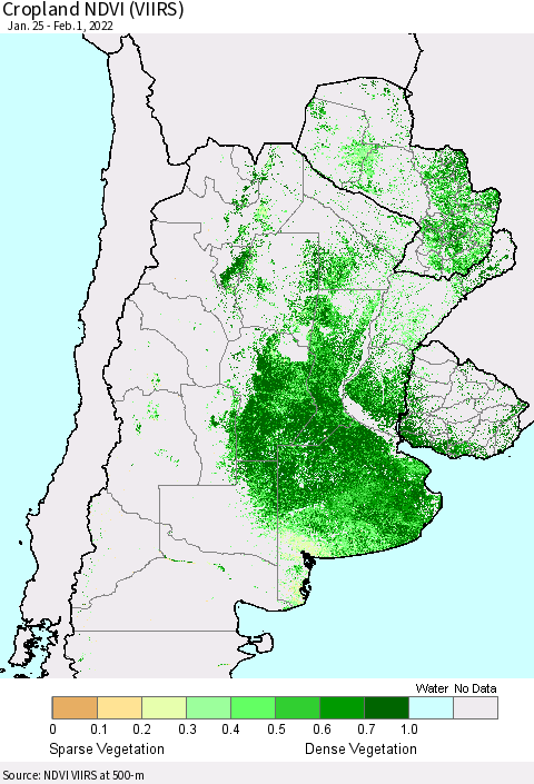 Southern South America Cropland NDVI (VIIRS) Thematic Map For 1/25/2022 - 2/1/2022