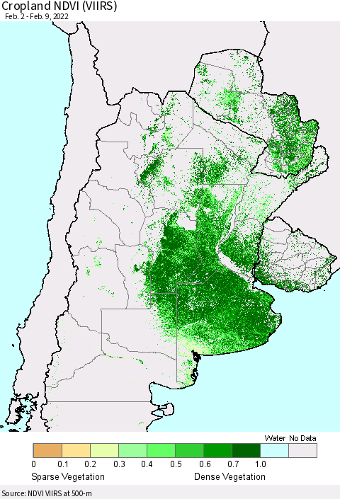 Southern South America Cropland NDVI (VIIRS) Thematic Map For 2/2/2022 - 2/9/2022