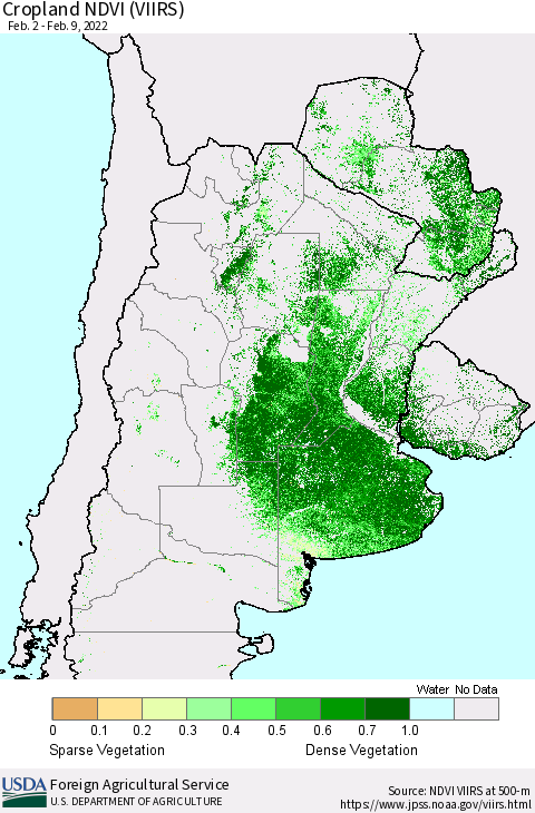 Southern South America Cropland NDVI (VIIRS) Thematic Map For 2/1/2022 - 2/10/2022