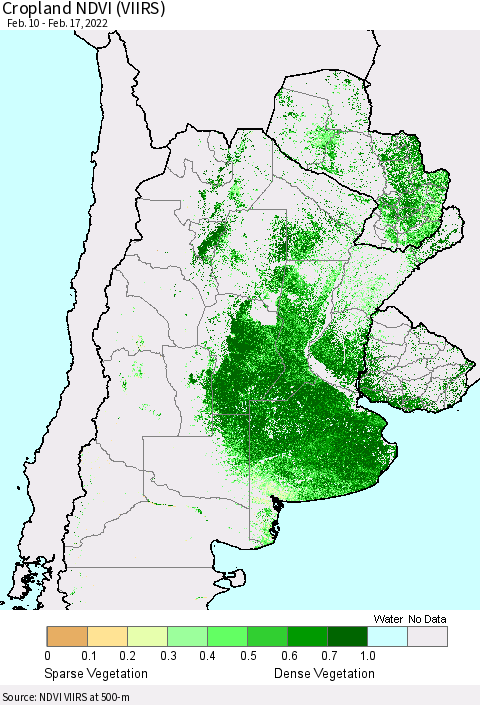 Southern South America Cropland NDVI (VIIRS) Thematic Map For 2/10/2022 - 2/17/2022