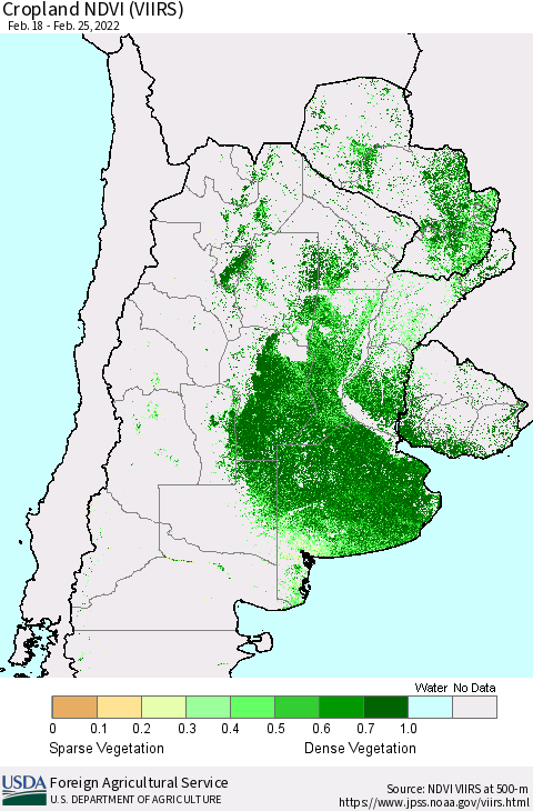 Southern South America Cropland NDVI (VIIRS) Thematic Map For 2/21/2022 - 2/28/2022