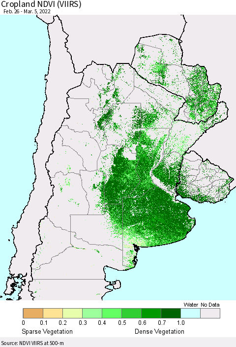 Southern South America Cropland NDVI (VIIRS) Thematic Map For 2/26/2022 - 3/5/2022
