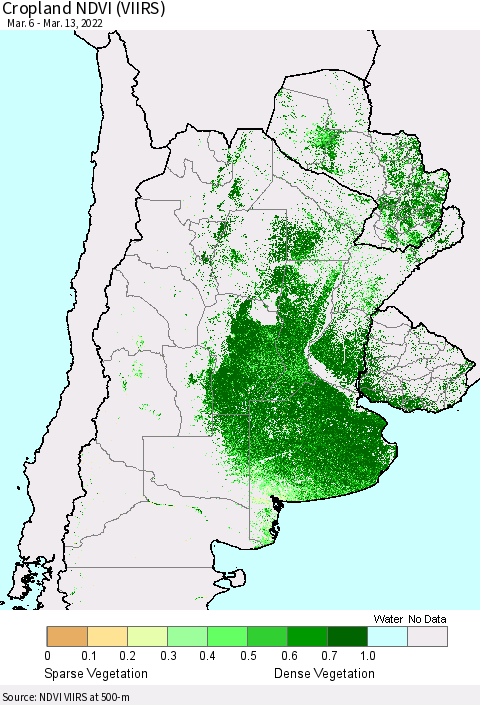 Southern South America Cropland NDVI (VIIRS) Thematic Map For 3/6/2022 - 3/13/2022