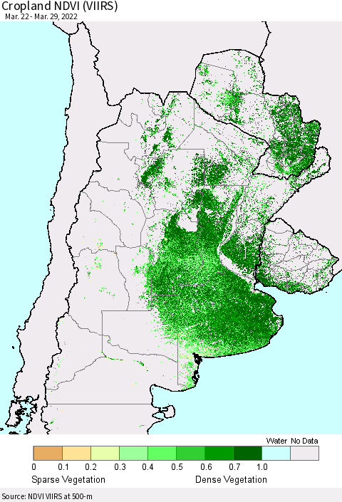 Southern South America Cropland NDVI (VIIRS) Thematic Map For 3/22/2022 - 3/29/2022