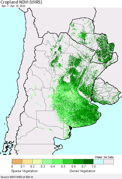 Southern South America Cropland NDVI (VIIRS) Thematic Map For 4/7/2022 - 4/14/2022