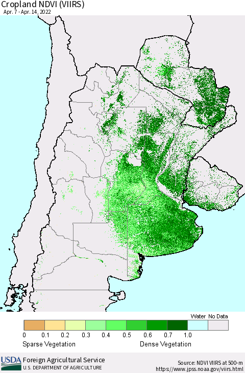 Southern South America Cropland NDVI (VIIRS) Thematic Map For 4/11/2022 - 4/20/2022