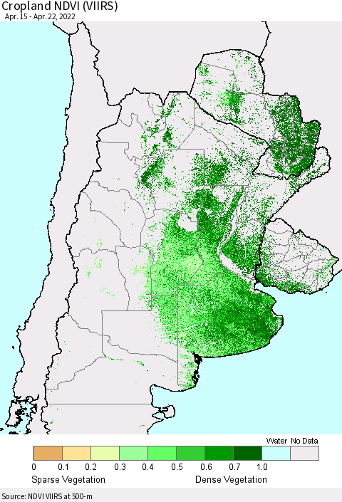 Southern South America Cropland NDVI (VIIRS) Thematic Map For 4/15/2022 - 4/22/2022