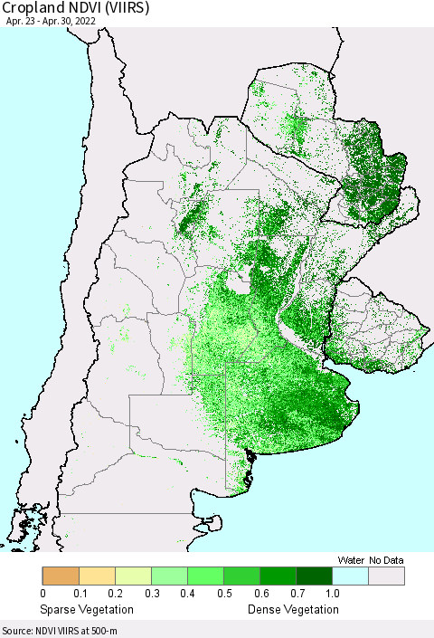 Southern South America Cropland NDVI (VIIRS) Thematic Map For 4/21/2022 - 4/30/2022