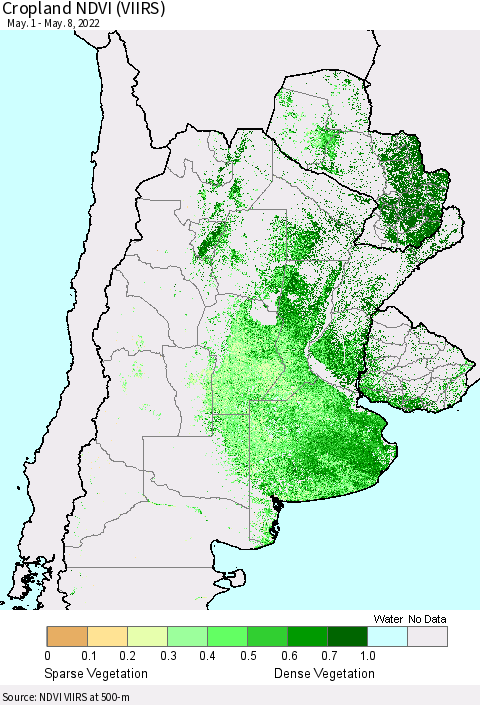 Southern South America Cropland NDVI (VIIRS) Thematic Map For 5/1/2022 - 5/8/2022