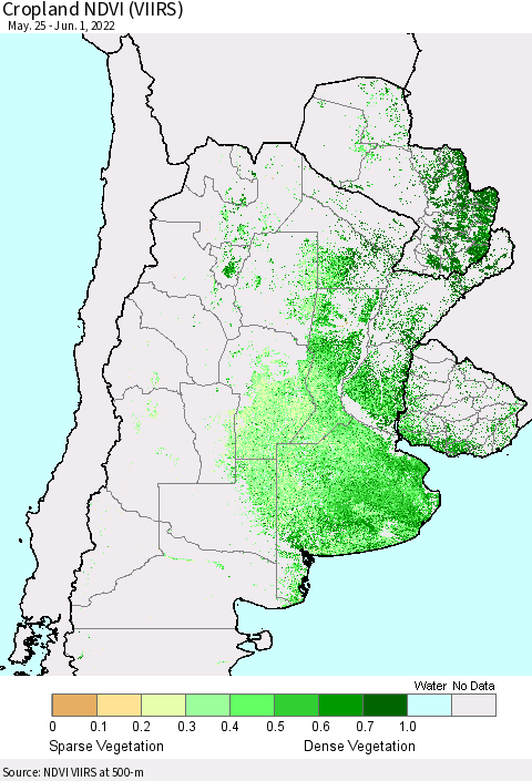 Southern South America Cropland NDVI (VIIRS) Thematic Map For 5/25/2022 - 6/1/2022