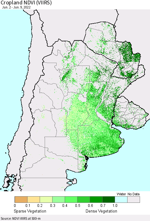 Southern South America Cropland NDVI (VIIRS) Thematic Map For 6/2/2022 - 6/9/2022